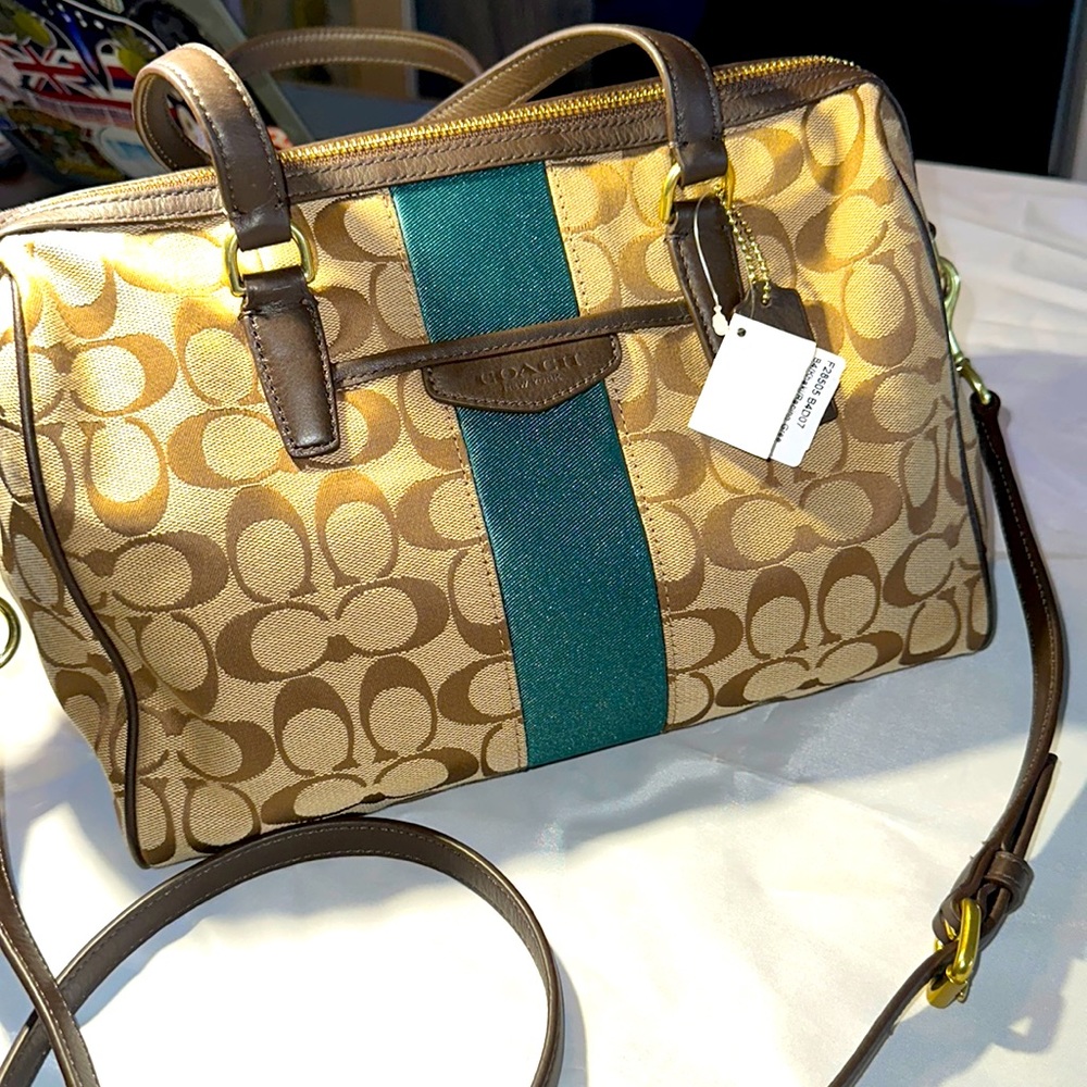 NWT COACH Nancy Satchel Green Racing Stripe Purse Crossbody handbag bag tote